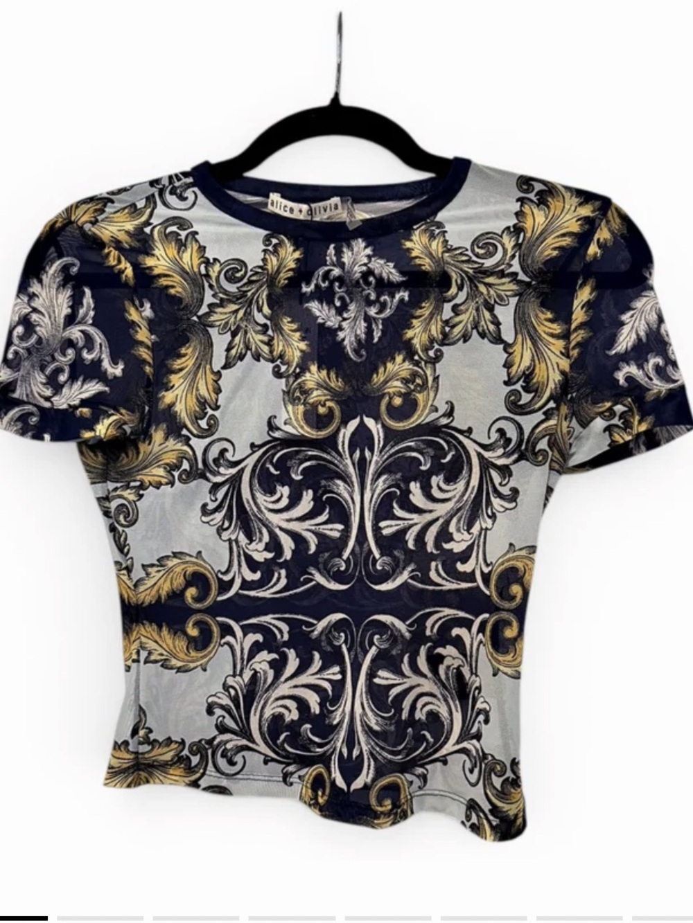 Alice + Olivia Black and Navy Fabric Care Tag Tee